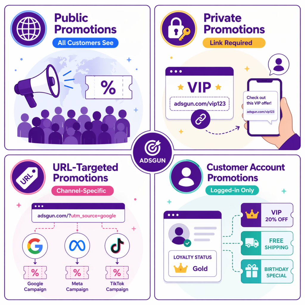 Adsgun Shopify app four promotion types overview showing public promotions visible to all customers with a megaphone icon and global audience, private promotions requiring a specific link with VIP example link adsgun.com/vip123, URL-targeted promotions channel-specific with UTM source parameters for Google Meta and TikTok campaigns, and customer account promotions for logged-in users only with loyalty status tags VIP 20 percent off free shipping and birthday special perks