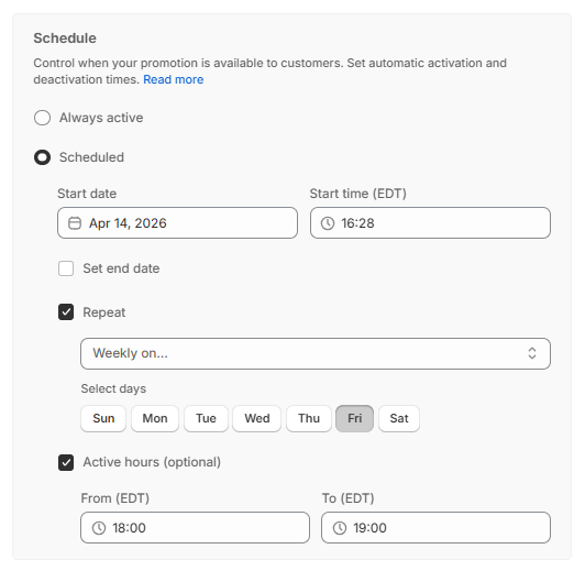 Adsgun promotion scheduler showing weekly recurring sale settings with start time, repeat days, and active hours for a Shopify sale