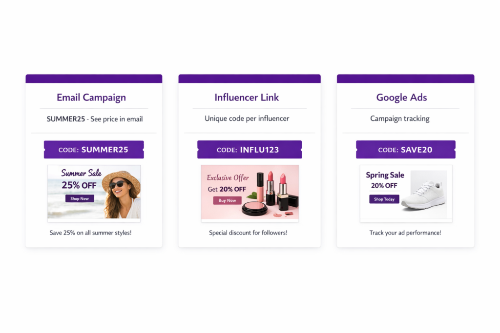 Three promotional cards showing discount sources: an email campaign with code SUMMER25 for 25% off, an influencer link with code INFLU123 for 20% off, and a Google Ads campaign with code SAVE20 for 20% off, each with product images and call-to-action buttons.
