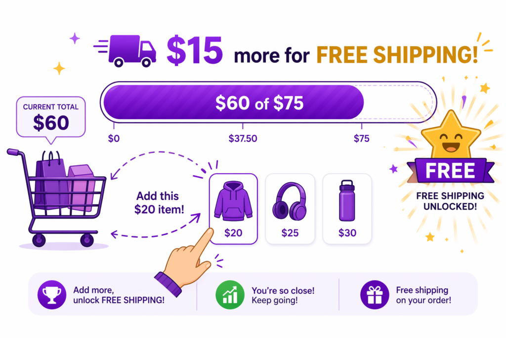 Shopify cart progress bar showing $15 more needed to unlock free shipping at $75 threshold to increase average order value