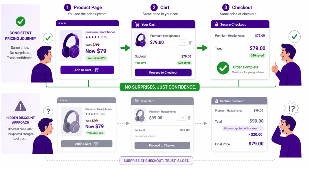 Side-by-side comparison of consistent pricing journey versus hidden discount approach on Shopify, showing how visible Was 99 dollars Now 79 dollars pricing across product page, cart, and checkout prevents surprises and reduces cart abandonment