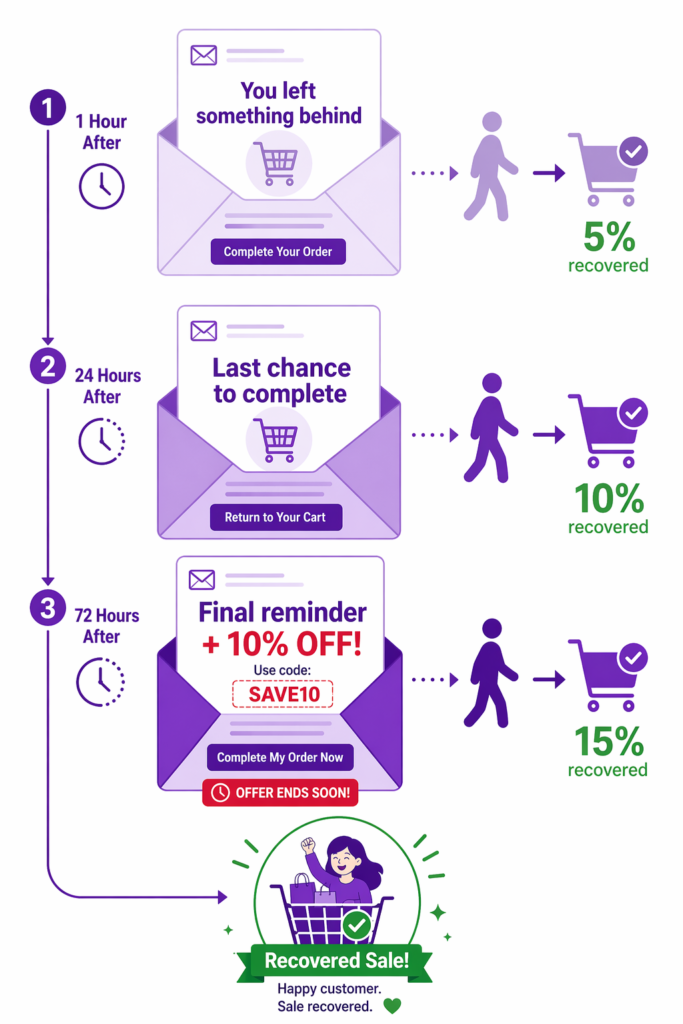 Three-stage abandoned cart email recovery sequence on Shopify with escalating urgency: 1 hour reminder recovers 5 percent of carts, 24 hour follow-up recovers 10 percent, and 72 hour final reminder with 10 percent off SAVE10 code recovers 15 percent