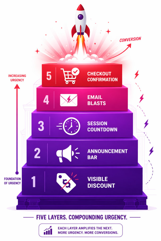 Five-layer urgency stack pyramid for a Shopify flash sale showing visible discount as the foundation, then announcement bar, session countdown, email blasts, and checkout confirmation, with a rocket symbolizing compounded conversion lift