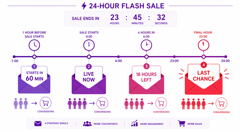 24-hour flash sale email campaign timeline with four strategic touchpoints, from a 60-minute pre-launch teaser through the live announcement, mid-sale reminder, and final-hour last chance email