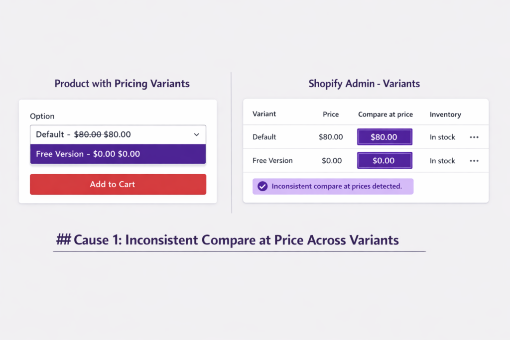 Shopify admin panel and product display on the site showing that the Compare at price is the same as the sale price, which prevents the display of discounts.