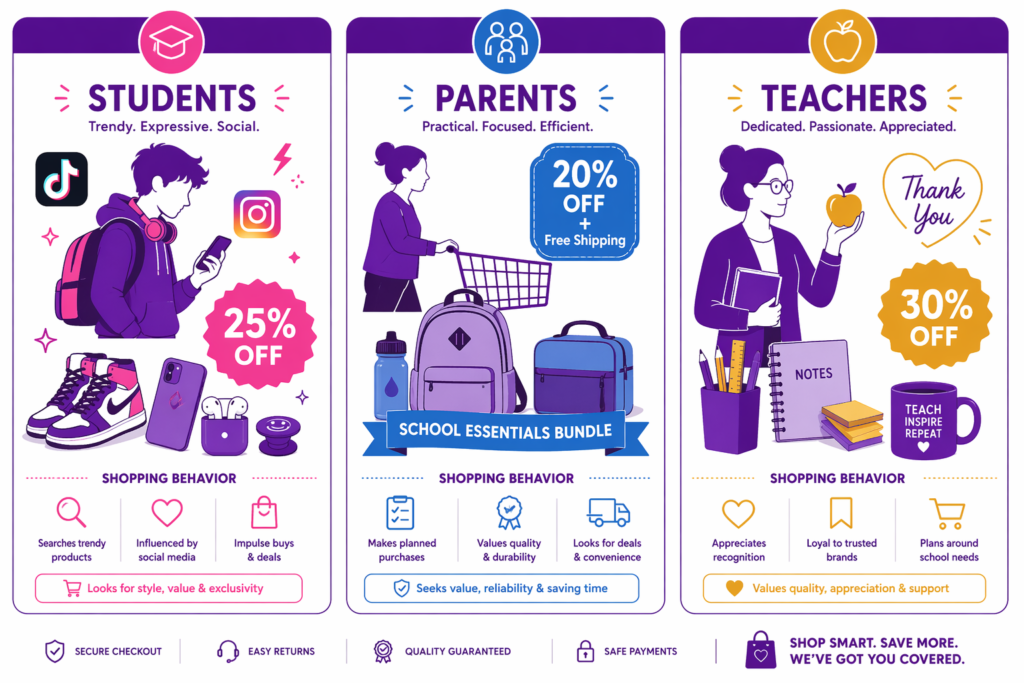 Three-audience breakdown of a Shopify back-to-school sale strategy comparing students at 25% off with social media positioning, parents at 20% off plus free shipping on bundles, and teachers at 30% off with thank-you messaging.