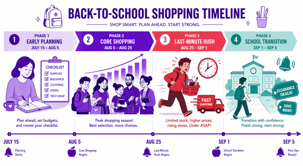 Back-to-school shopping timeline infographic showing the four phases of a Shopify back-to-school sale window from July 15 to September 5: early planning, core shopping, last-minute rush, and school transition.