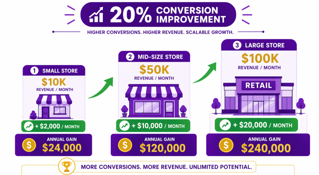 Three Shopify store sizes (small $10K, mid-size $50K, large $100K monthly 
revenue) showing annual gains of $24,000, $120,000, and $240,000 from a 20 
percent conversion rate improvement during BFCM