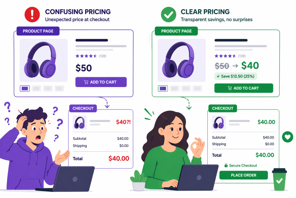 Comparison of confusing pricing versus clear pricing to reduce Shopify cart abandonment - confused customer sees 50 dollar product then 40 dollar checkout total creating doubt versus happy customer sees strike-through 50 dollars to 40 dollars with 12.50 dollar savings upfront and confident purchase