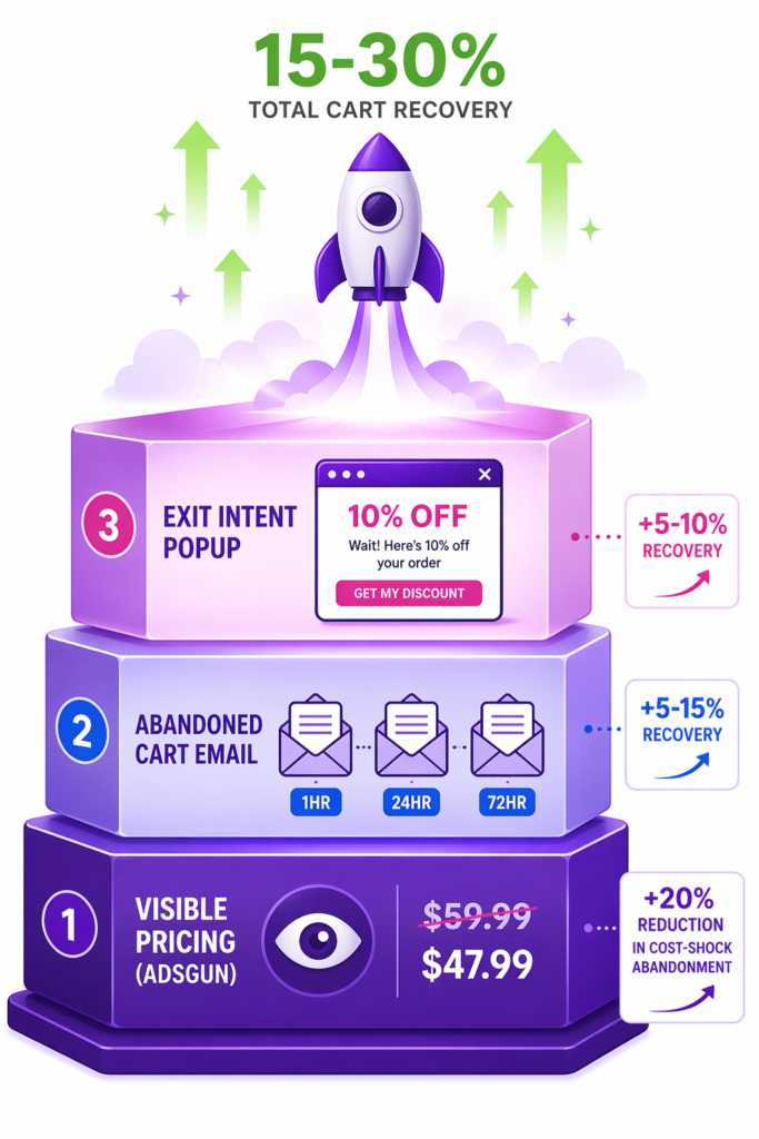 Shopify cart abandonment recovery stack pyramid showing three layered tools with a rocket launching upward and 15 to 30 percent total cart recovery, layer one visible pricing with Adsgun showing strike-through 59.99 dollars and 47.99 dollars price for 20 percent reduction in cost-shock abandonment, layer two abandoned cart email sequence at 1 hour 24 hour and 72 hour for 5 to 15 percent recovery, and layer three exit intent popup with 10 percent off offer for 5 to 10 percent recovery