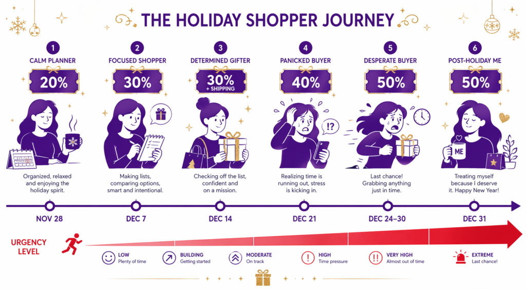 Six-phase holiday shopper journey infographic mapping customer psychology and discount depth from Calm Planner on November 28 with 20% off through Focused Shopper, Determined Gifter, Panicked Buyer, and Desperate Buyer to Post-Holiday Me on December 31 with 50% off, with urgency level rising from low to extreme along a timeline