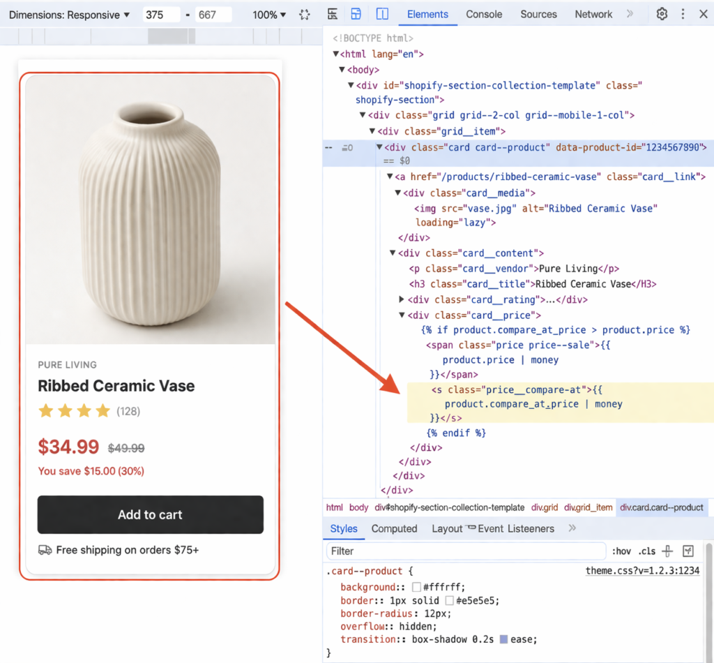 Inspecting Shopify liquid code for product compare at price display logic