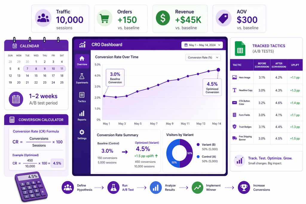 Shopify conversion rate optimization 2026 measurement dashboard showing traffic of 10,000 sessions, plus 150 orders, plus 45,000 dollars revenue, 300 dollar AOV versus baseline, conversion rate going from 3.0 percent baseline to 4.5 percent optimized with plus 1.5 percentage point uplift, tracked A/B tests for hero image headline copy CTA button color form fields trust badges and free shipping banner, and the five step process define hypothesis run A/B test analyze results implement winner increase conversions