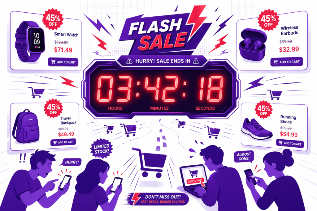 Cyber Monday flash sale countdown timer ticking down to zero with 45 percent off discount badges on smart watch, wireless earbuds, travel backpack, and running shoes creating urgency for shoppers