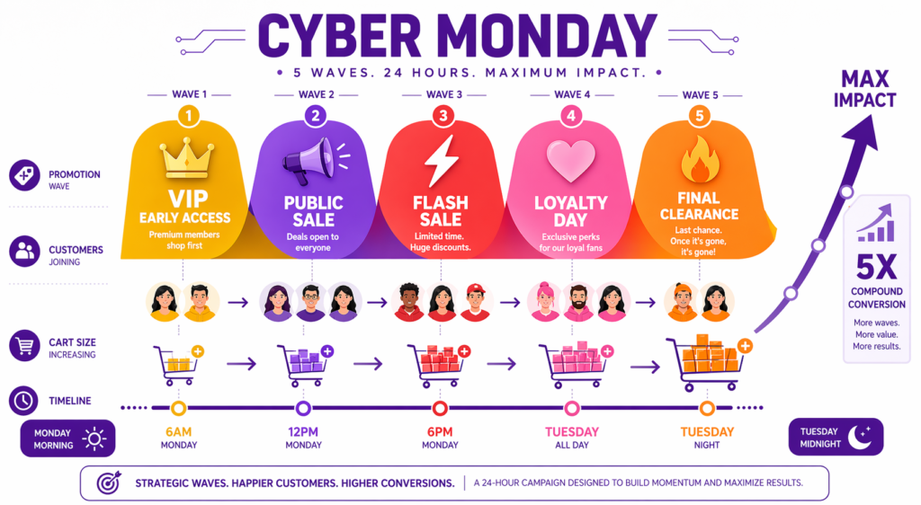 Cyber Monday five-wave campaign timeline showing VIP early access at 6am Monday, public sale at 12pm, flash sale at 6pm, loyalty day all Tuesday, and final clearance Tuesday night, with cart sizes growing across waves and reaching 5x compound conversion by midnight