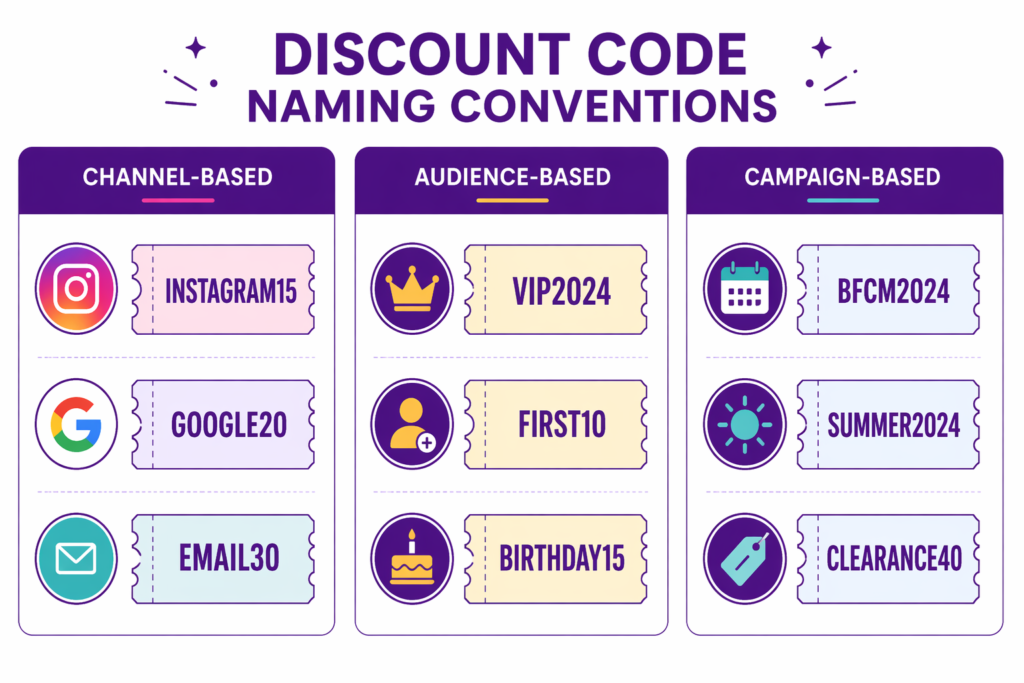 Shopify discount code naming conventions infographic comparing Channel-based codes (INSTAGRAM15, GOOGLE20, EMAIL30), Audience-based codes (VIP2024, FIRST10, BIRTHDAY15), and Campaign-based codes (BFCM2024, SUMMER2024, CLEARANCE40)