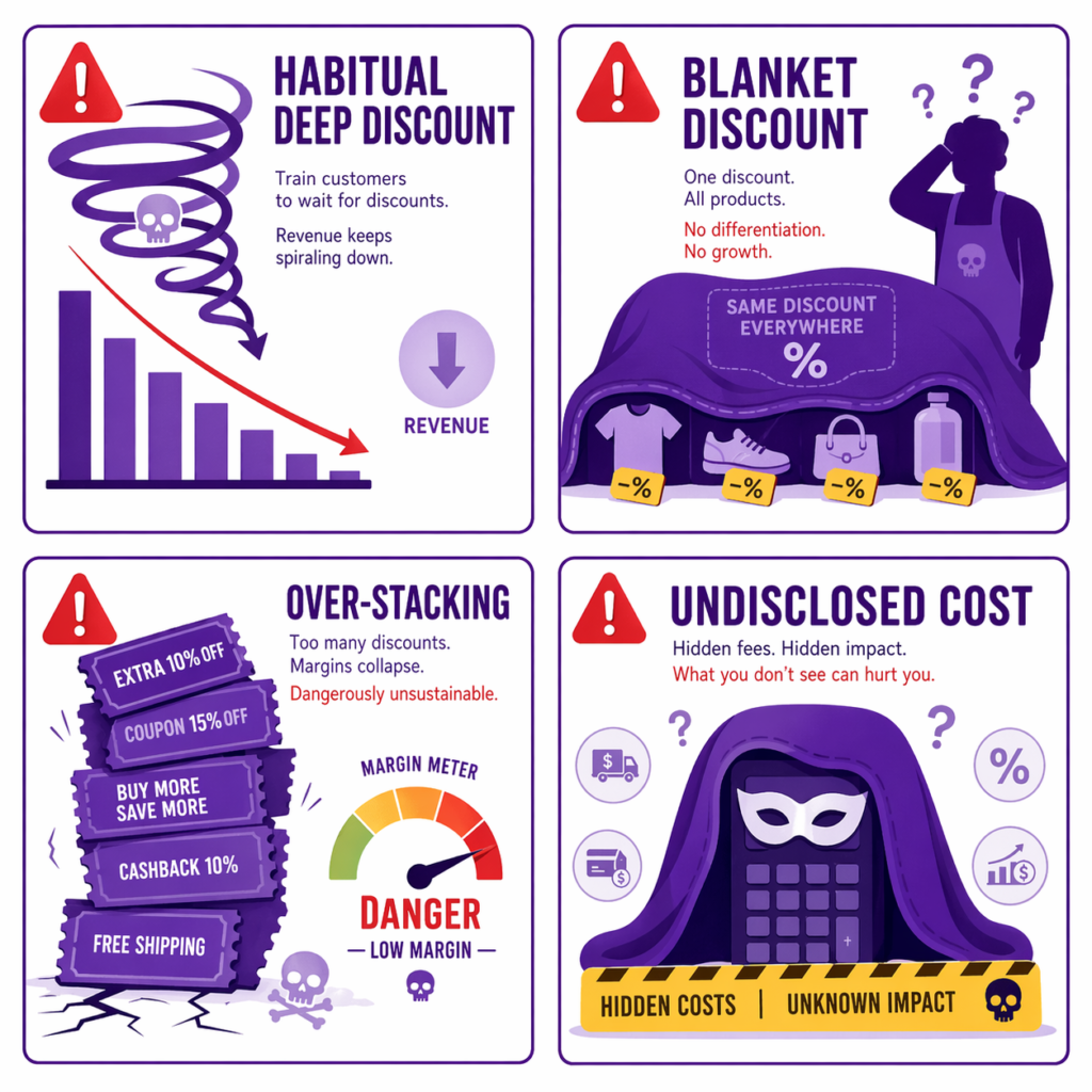 Four dangerous Shopify discount patterns that destroy profit margin: habitual deep discounts spiraling revenue down, blanket discounts across all products, over-stacking promotions with multiple coupons, and undisclosed hidden costs with question marks