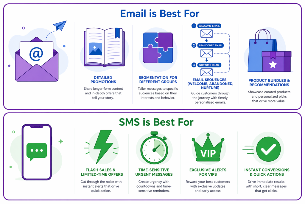 Email versus SMS use case comparison infographic with Email is Best For section showing detailed promotions, segmentation, email sequences and product bundles, and SMS is Best For section showing flash sales, time-sensitive urgent messages, exclusive VIP alerts, and instant conversions