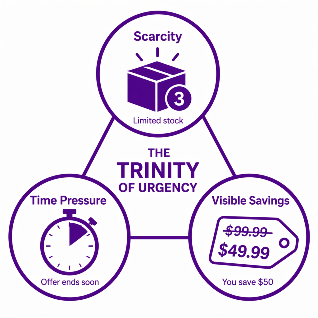 The trinity of urgency for Shopify flash sales: scarcity with limited stock, time pressure with countdown, and visible savings with strike-through pricing