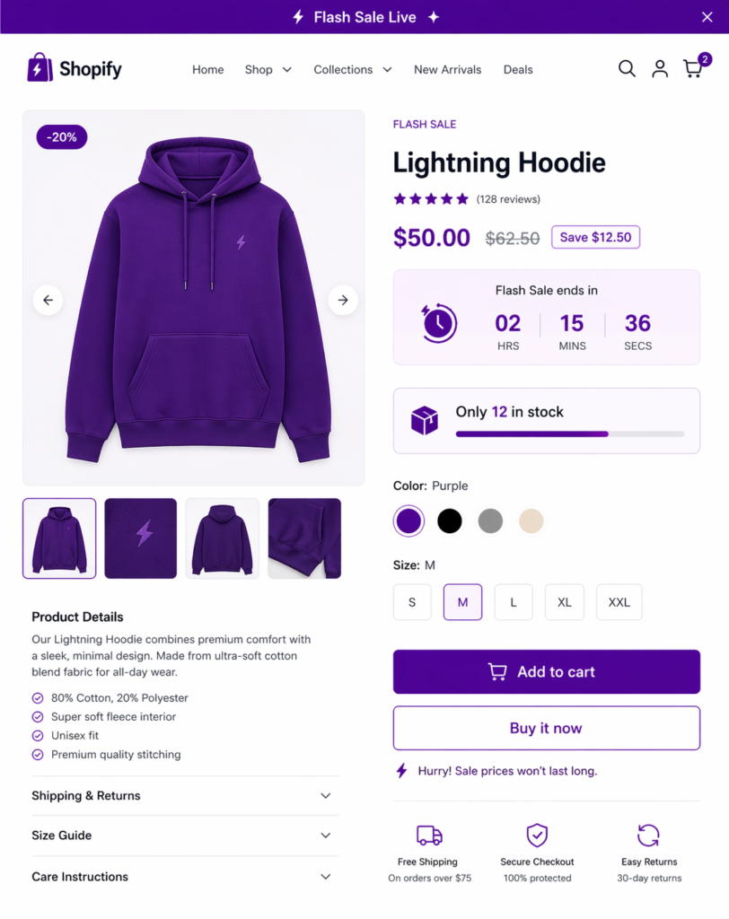 Shopify flash sale product page example with strike-through pricing, countdown timer, stock scarcity message, and add to cart button