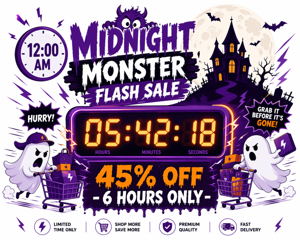 Midnight monster Halloween flash sale banner with digital countdown 
timer showing 45% off for 6 hours only, ghosts pushing shopping carts, 
haunted house and full moon background
