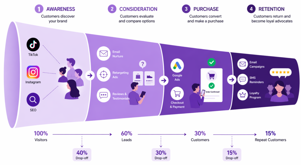 Customer journey funnel for Shopify marketing strategy 2026 showing four stages awareness through TikTok Instagram and SEO, consideration through email nurture and retargeting ads and reviews, purchase through Google Ads and checkout, and retention through email campaigns SMS reminders and loyalty program, with conversion drop-off percentages at each stage