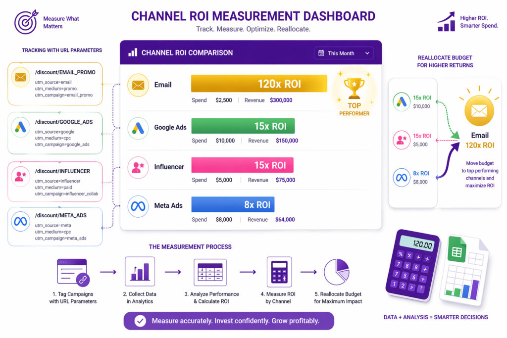 Channel ROI measurement dashboard for Shopify marketing strategy 2026 showing email at 120x ROI as top performer, Google Ads and influencer both at 15x ROI, Meta Ads at 8x ROI, with UTM URL parameter tagging examples and the five step measurement process from tagging campaigns through reallocating budget for maximum impact