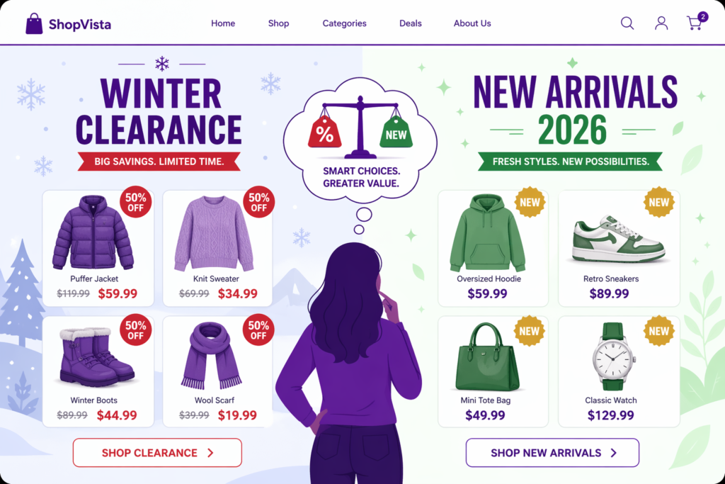 Side by side ShopVista homepage mockup illustrating the Shopify New Year sale strategy with Winter Clearance products at 50 percent off in purple on the left and New Arrivals 2026 with NEW badges in green on the right, showing a shopper deciding between bargain hunting and resolution shopping