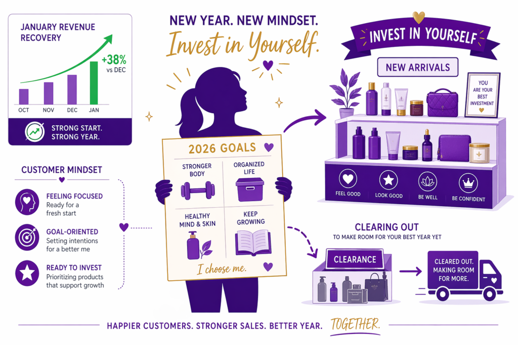 Infographic of a Shopify New Year sale strategy showing January revenue recovery at plus 38 percent versus December, customer mindset breakdown for focused goal-oriented buyers, a 2026 goals board, an Invest in Yourself new arrivals shelf, and a clearance moving truck representing winter inventory turnover