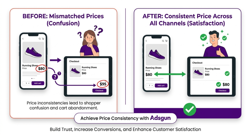 Before and after Shopify discount mismatch showing consistent pricing across product page and checkout