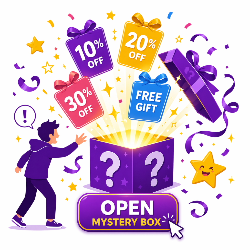 Mystery box flash sale illustration with a customer reaching toward a glowing purple box revealing floating discount tags for 10% off, 20% off, 30% off, and a free gift, with an Open Mystery Box click button