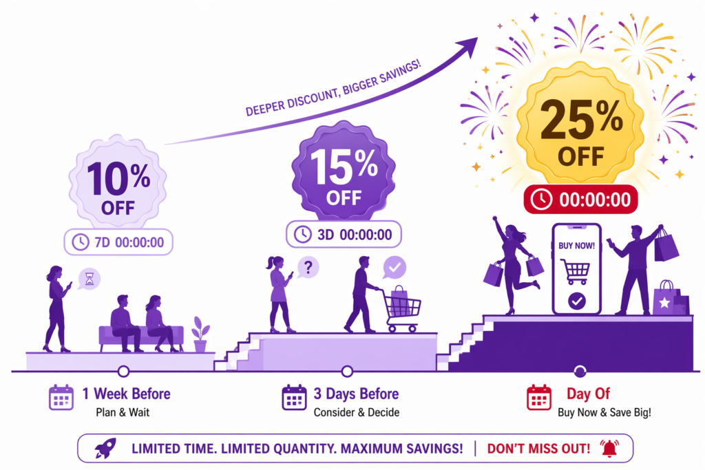 Countdown stack promotion timeline showing deepening discount stages from 10 percent off one week before, to 15 percent off three days before, to a final 25 percent off on the day of the sale with fireworks