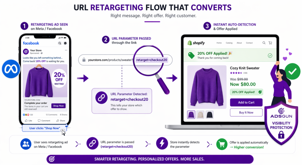 URL retargeting flow for Shopify retargeting discount ads showing a Meta Facebook ad with twenty percent off offer, URL parameter retarget equals checkout20 passed through the link, instant auto-detection on the Shopify storefront, and the Cozy Knit Sweater product page automatically displaying twenty percent off applied with strike-through pricing