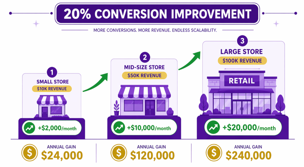 20 percent conversion improvement scaling across small, mid-size, and large Shopify stores generating 24000, 120000, and 240000 dollars in annual revenue gains respectively