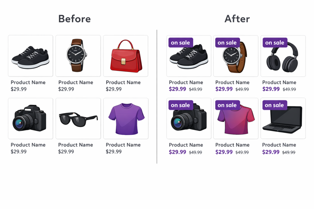 Collection page before and after adding Adsgun sale badges
