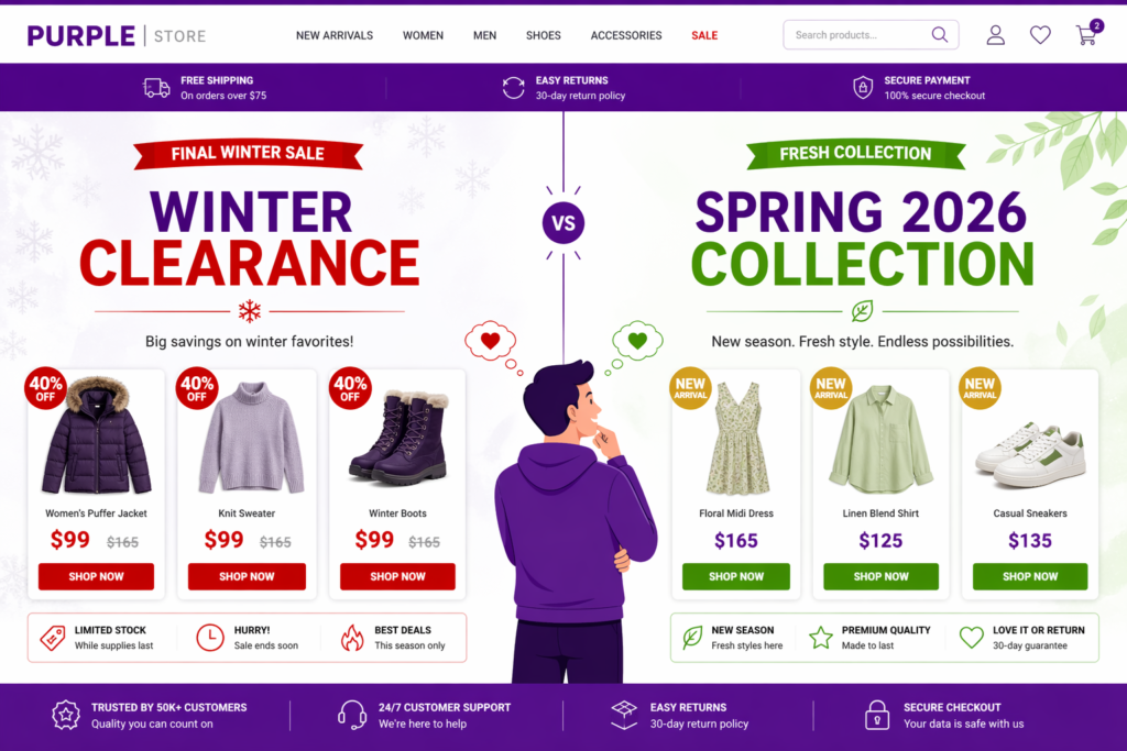 Side-by-side homepage layout showing the Shopify spring promotion strategy contrast with Winter Clearance products at 40 percent off in red on the left and Spring 2026 Collection new arrivals at full price with green badges on the right