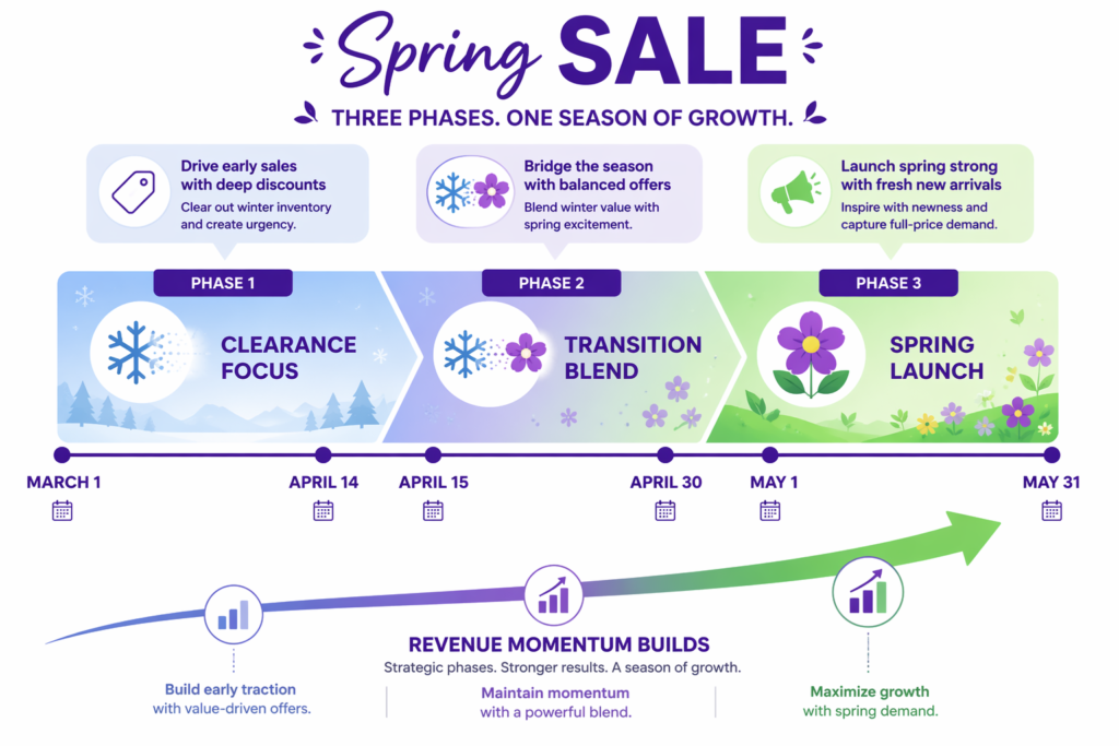 Three phase Shopify spring promotion strategy timeline from March 1 to May 31 showing Phase 1 Clearance Focus, Phase 2 Transition Blend, and Phase 3 Spring Launch with revenue momentum building across the season