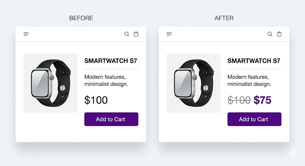 Product page before and after strike-through pricing fix