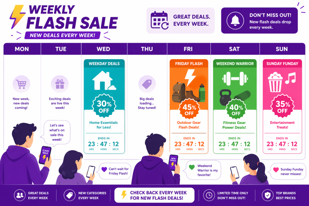 Recurring weekly summer flash sale schedule across different categories
