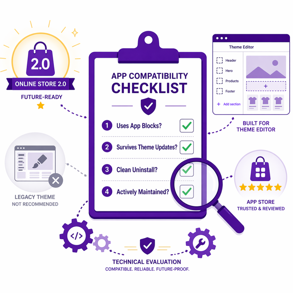 Shopify theme compatibility checklist for discount apps showing four key vetting questions about app blocks support, surviving theme updates, clean uninstall, and active maintenance, with Online Store 2.0 future-ready and vintage legacy theme indicators