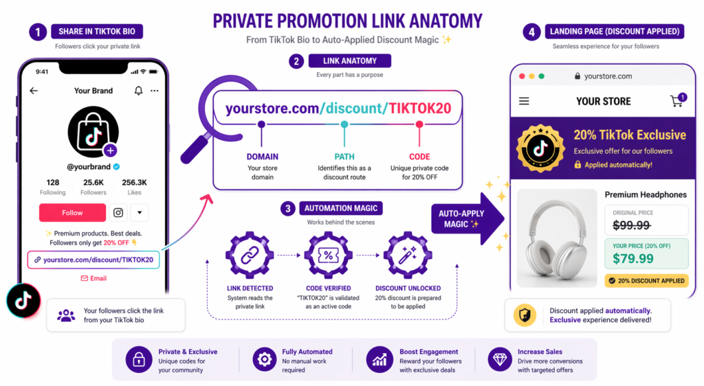 Shopify TikTok marketing promotions private link anatomy diagram showing the four-step flow from sharing yourstore.com/discount/TIKTOK20 link in TikTok bio, the link anatomy breakdown of domain path and code, the automation magic where link is detected code is verified and discount is unlocked, and the landing page where the 20 percent TikTok Exclusive discount is auto-applied to a premium headphones product reducing 99.99 to 79.99 dollars