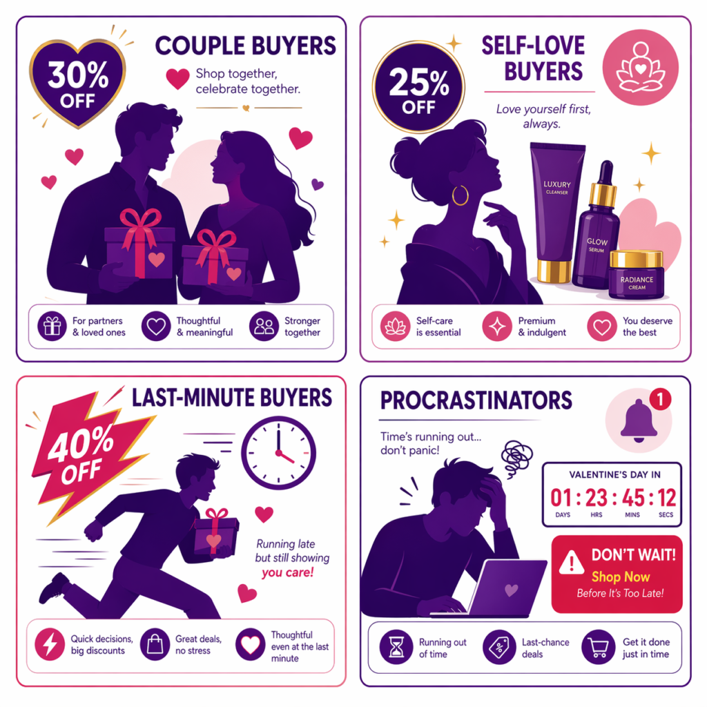 Four Valentine's Day customer segments with targeted Shopify discounts: 30% off couple buyers, 25% off self-love buyers, 40% off last-minute buyers, and procrastinators with countdown urgency