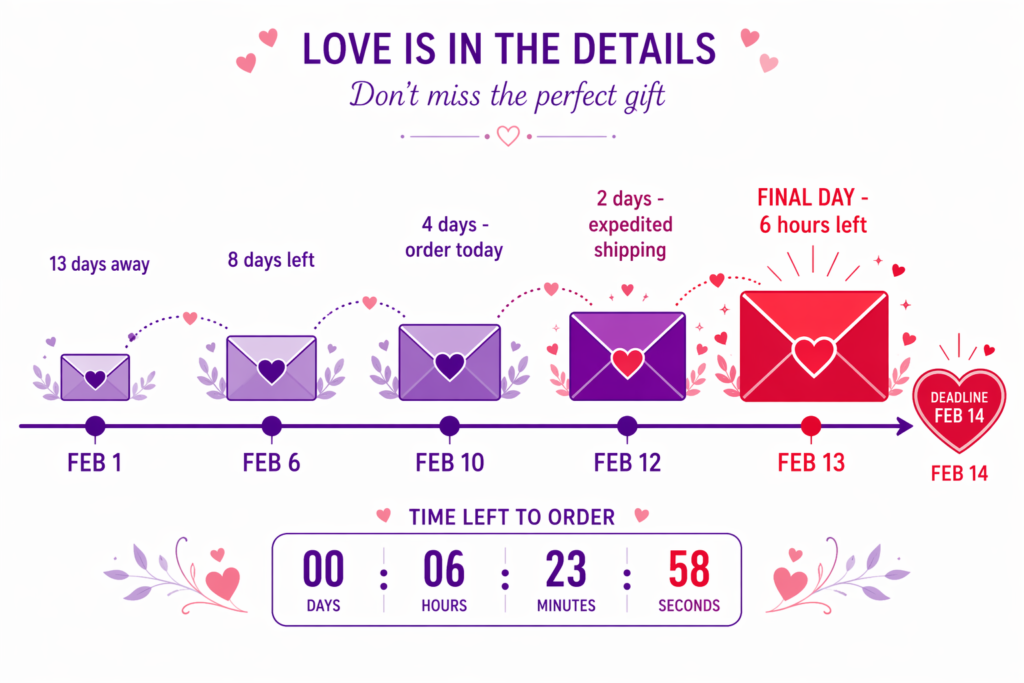 Valentine's Day email urgency timeline showing escalation from Feb 1 to Feb 14 with countdown to order deadline