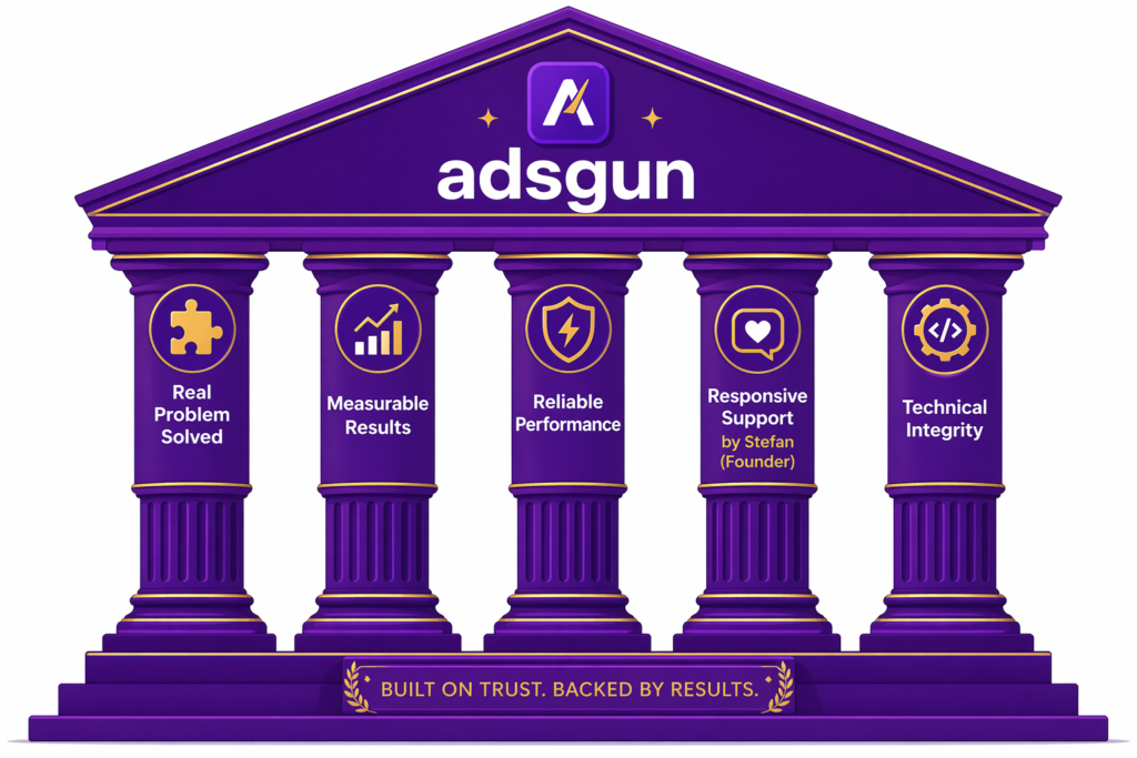 Five pillars of a trusted Shopify discount app illustrated as Greek-style temple columns showing real problem solved, measurable results, reliable performance, responsive support by founder Stefan, and technical integrity